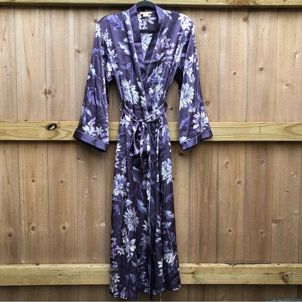 Sensara Purple Floral Satin Robe Kimono M